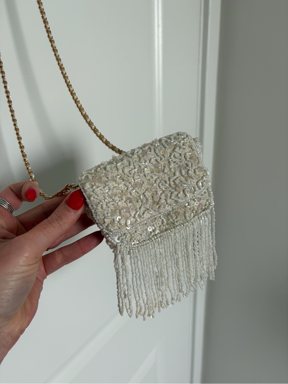 Ivory White Beaded Sequin Fringe Mini Crossbody Bag